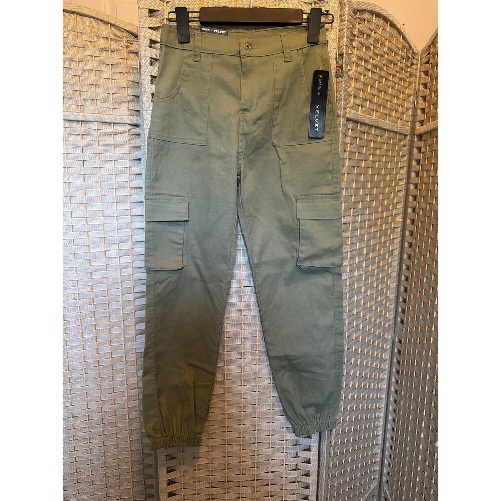 Pink Velvet Belted Loop Cargo Pants Khaki Green 12 Cuffed Ankles Elastic Hem NWT
